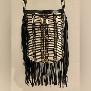 Leather Fringe Beaded Crossbody Bag